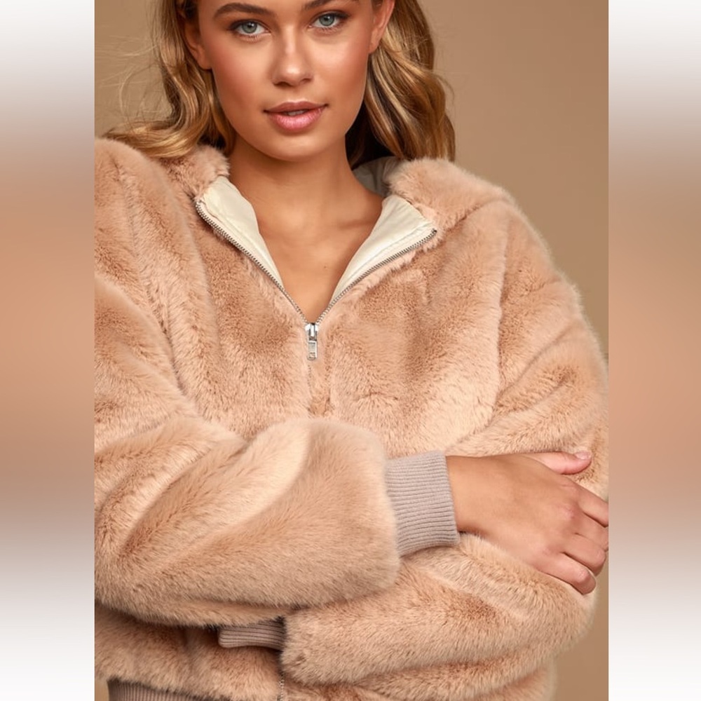 Lulus Count Me In Beige Faux Fur Hooded Bomber Jacket - Size S - Picture 3 of 5